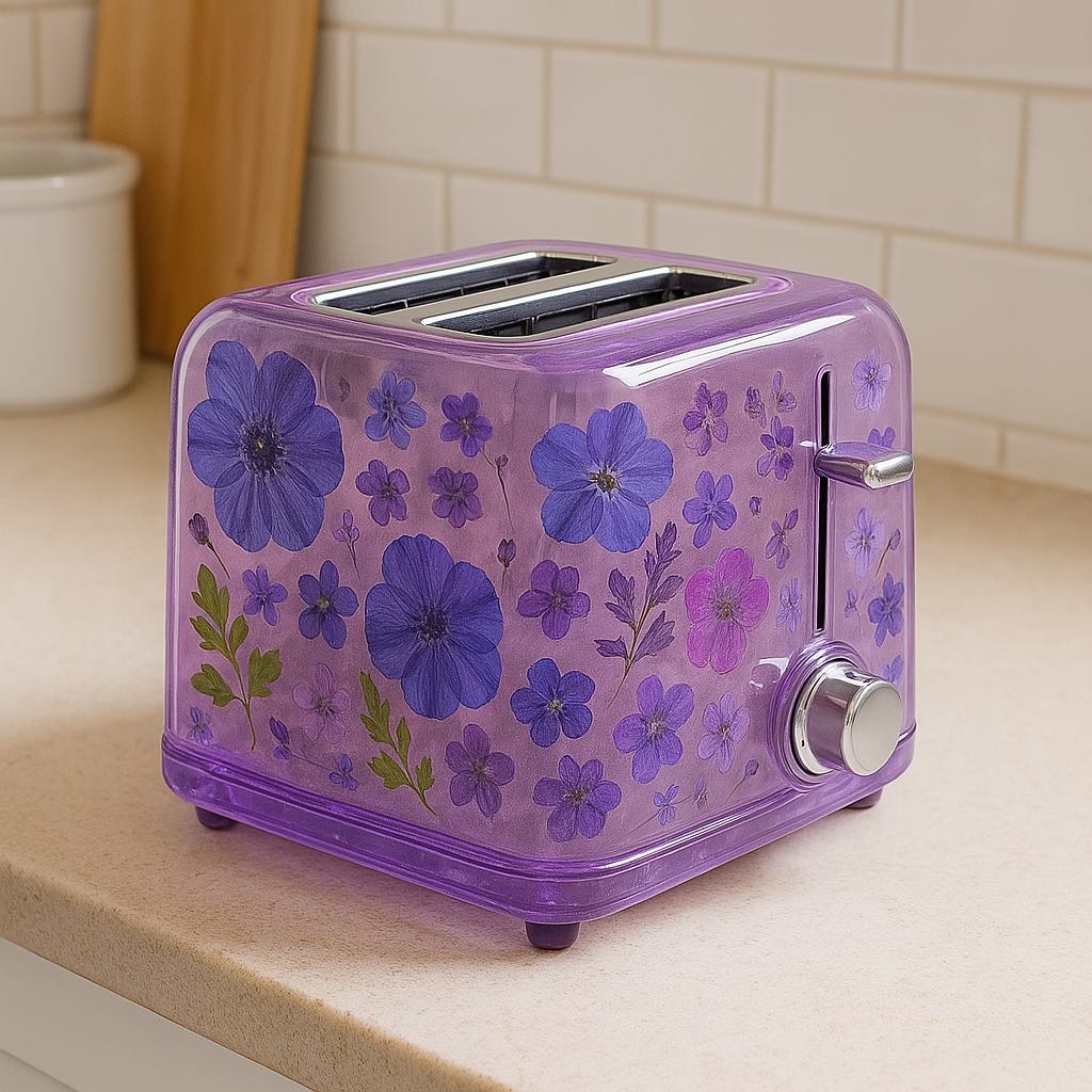  Purple transparent toaster decorated with delicate violet and blue flowers on a tiled kitchen background

