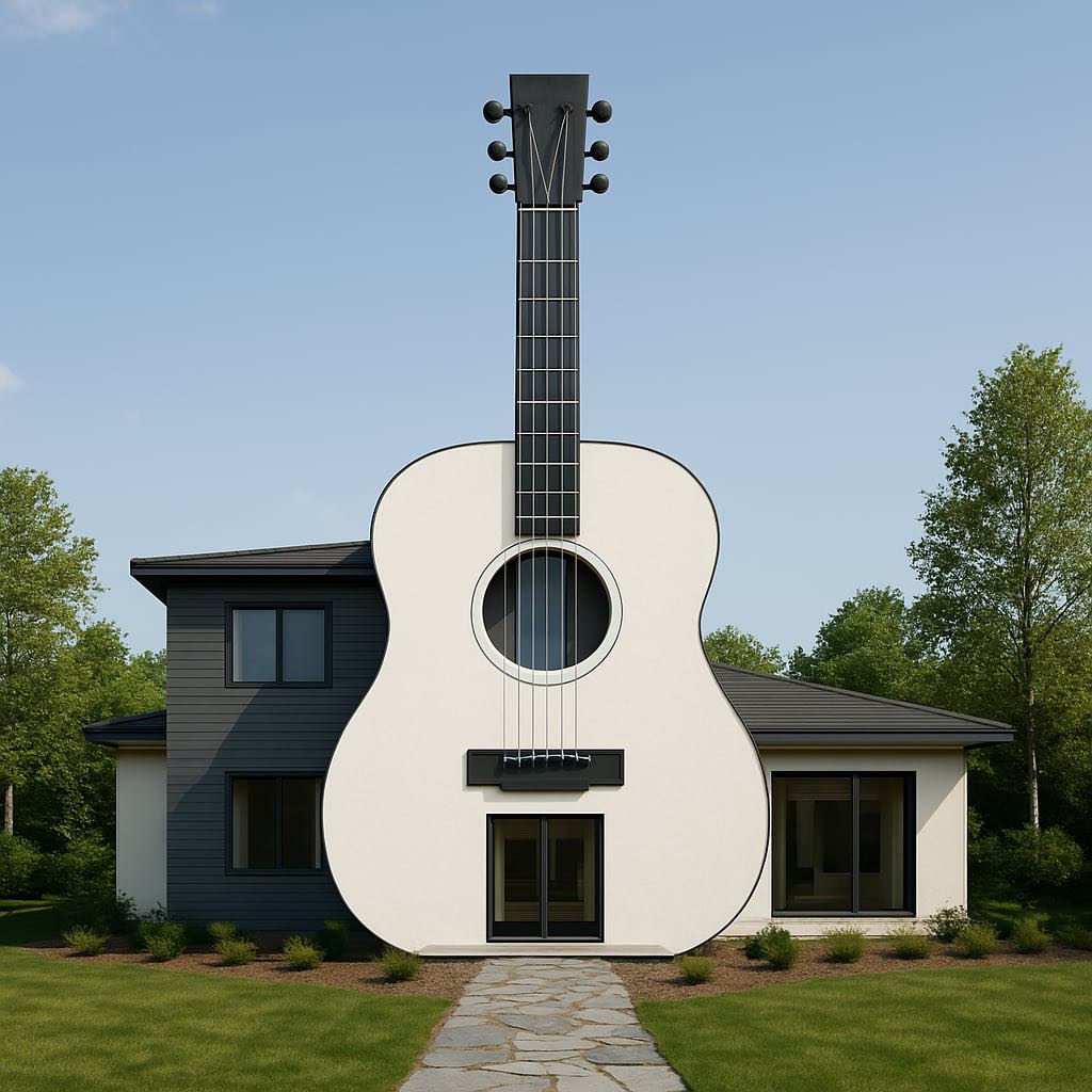Elegant white house designed to look like an acoustic guitar with minimalist details and sleek finish