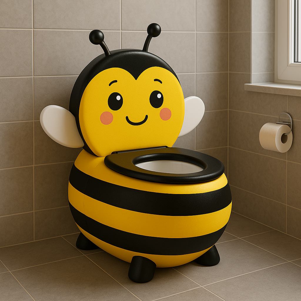 Adorable yellow and black bumblebee-shaped toilet with smiling face and wings in tiled bathroom.