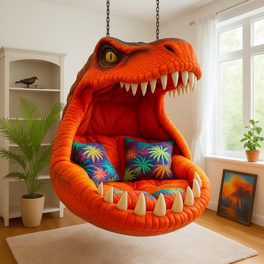 Bold orange T-Rex themed hanging chair with sharp teeth and colourful palm print cushions.