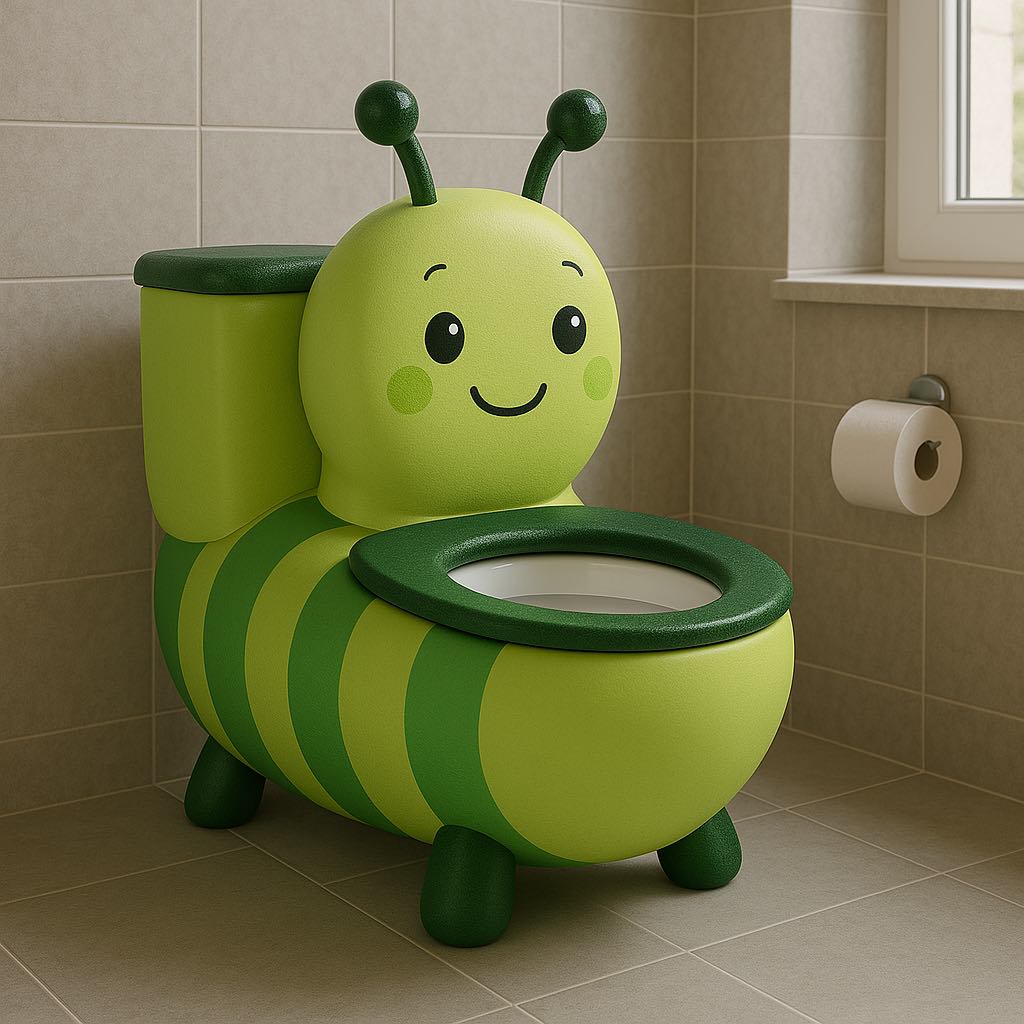 Playful green caterpillar-shaped toilet with antennae and smiley face for toddlers in modern bathroom.