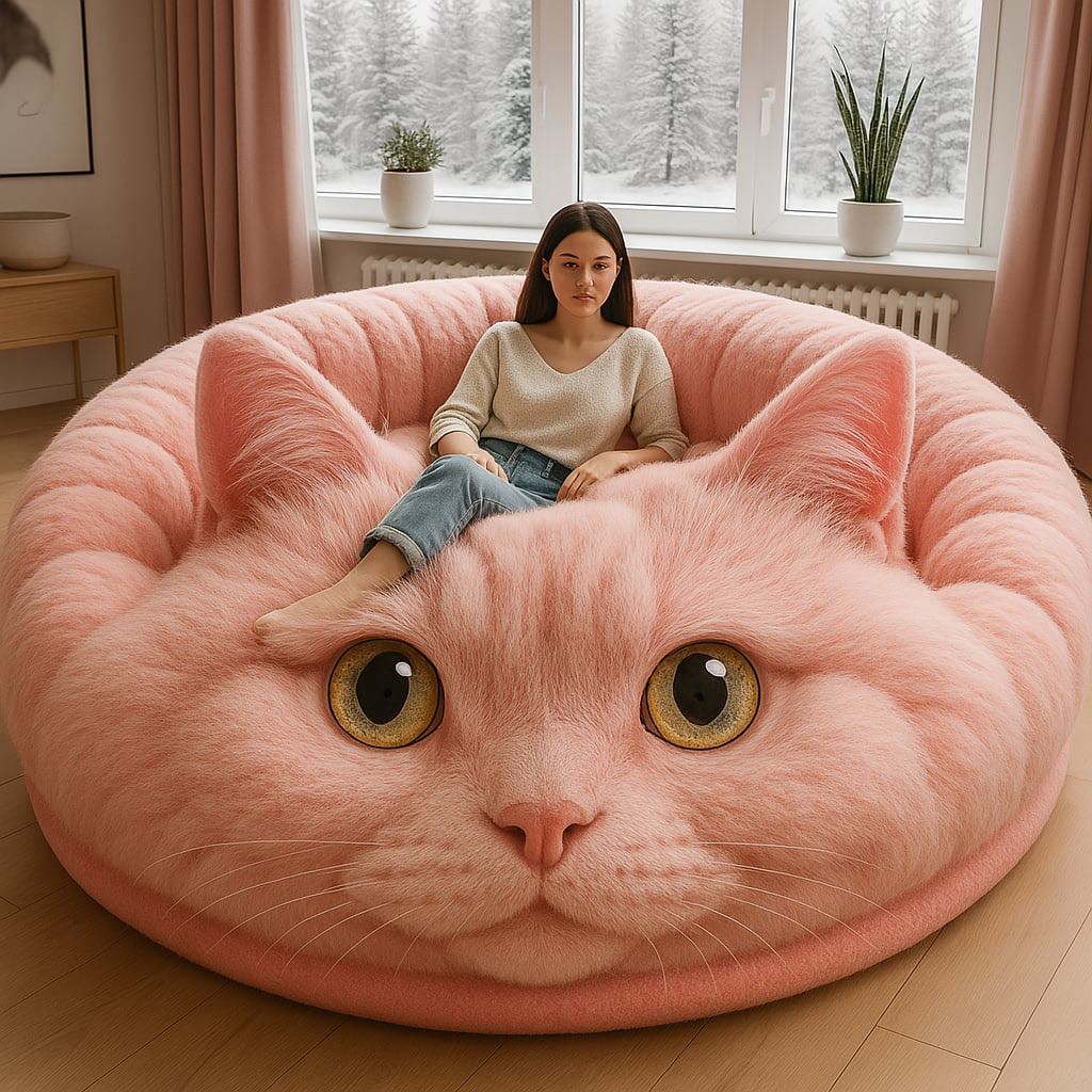 Woman relaxing on a soft pink cat-shaped sofa with golden eyes and bright pastel tones