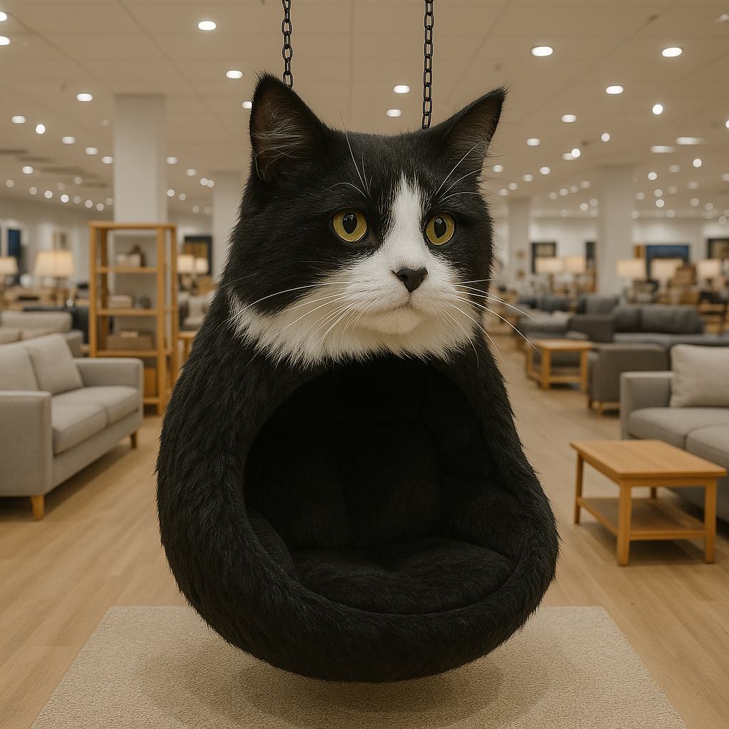 Black and white cat head-shaped pod seat hanging in a contemporary showroom
