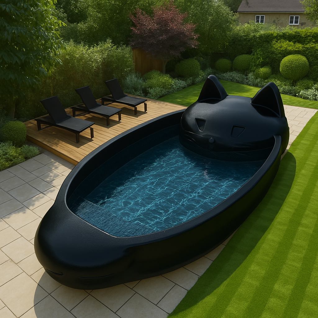 Elegant black swimming pool designed as a cat with sharp lines in a modern garden
