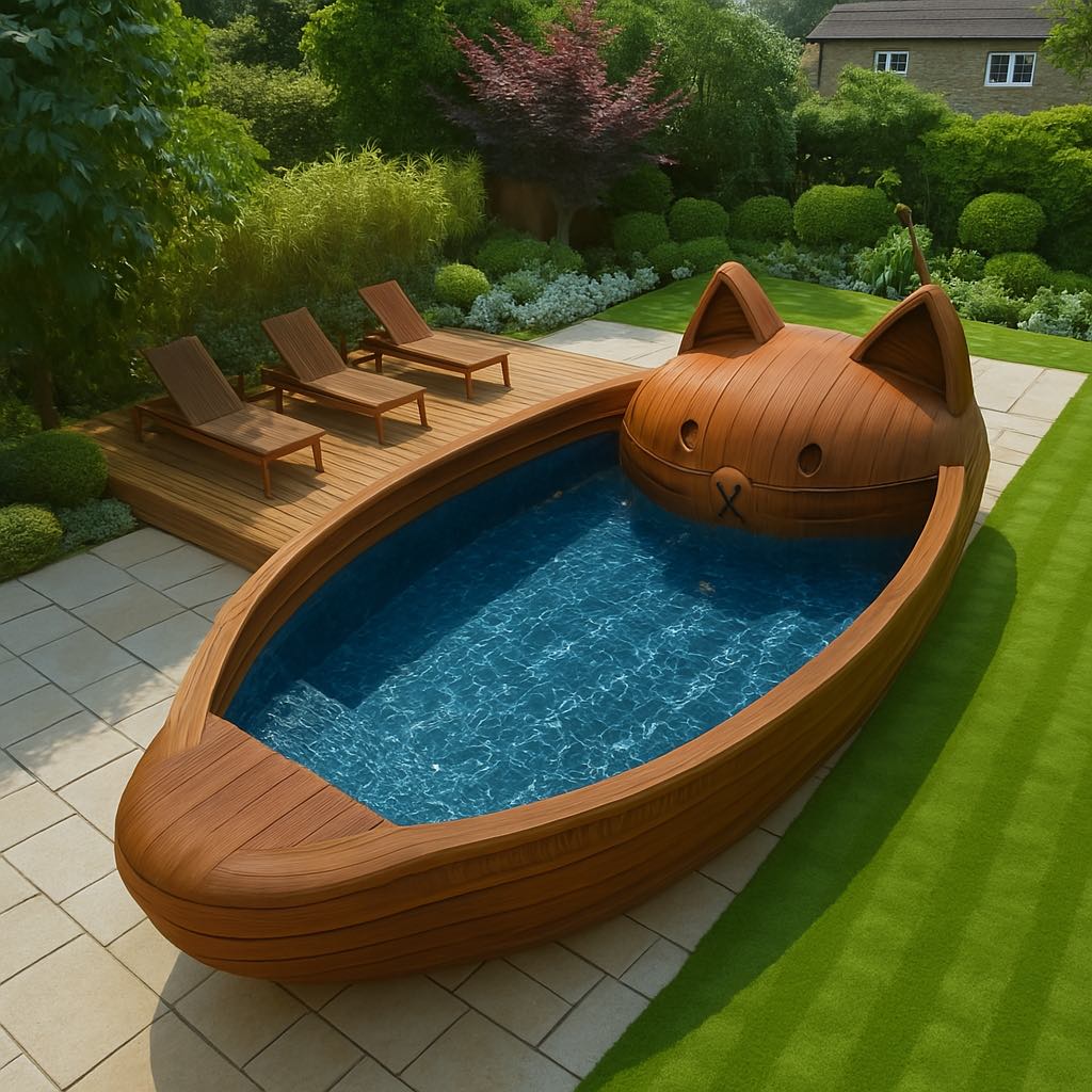  Luxury swimming pool shaped like a cat with wood-effect finish surrounded by loungers and greenery