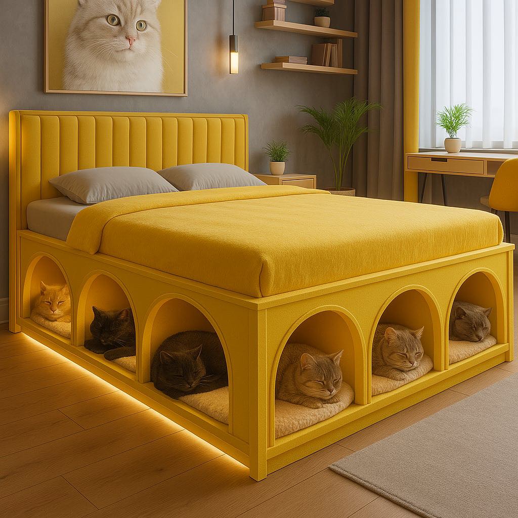  Bright yellow cat-integrated bed frame featuring individual cubby holes for cats to sleep in comfort.