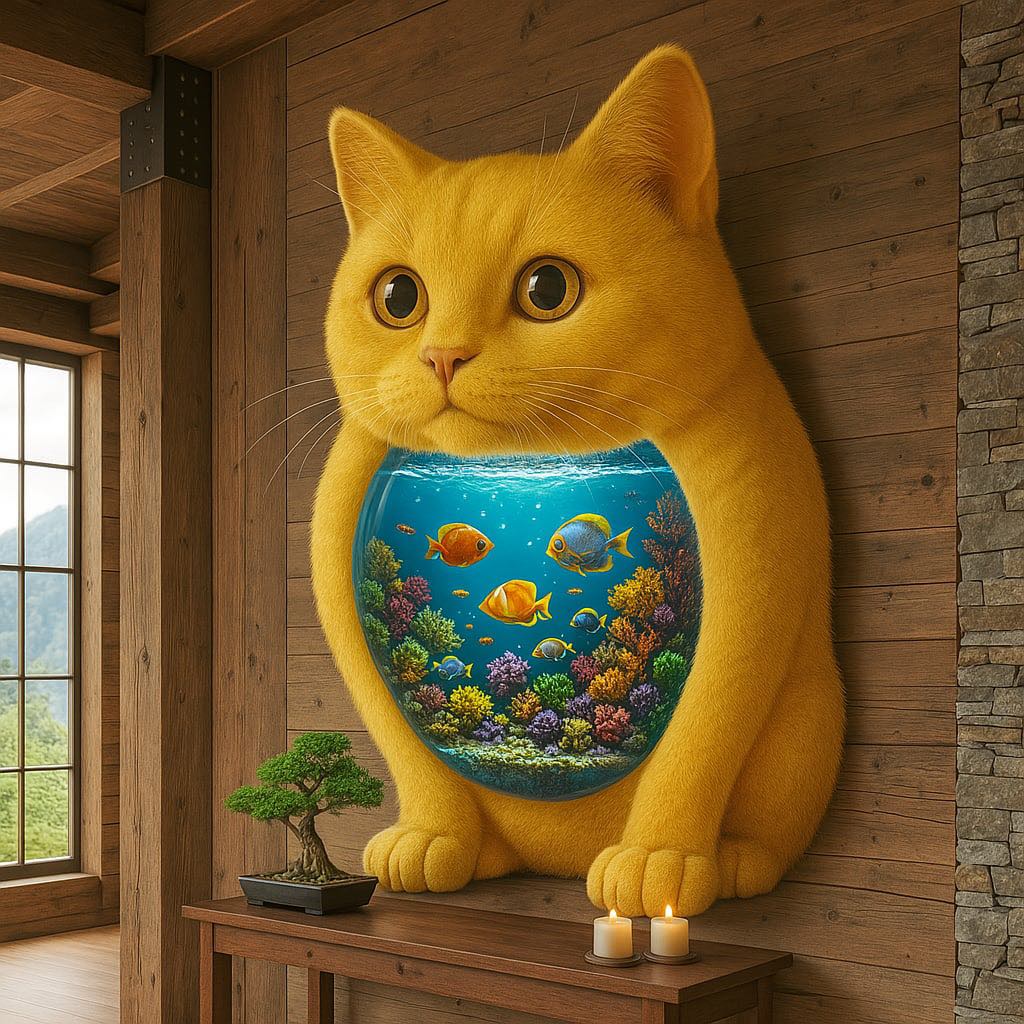 Cheerful yellow cat-shaped sculpture housing a tropical fish tank