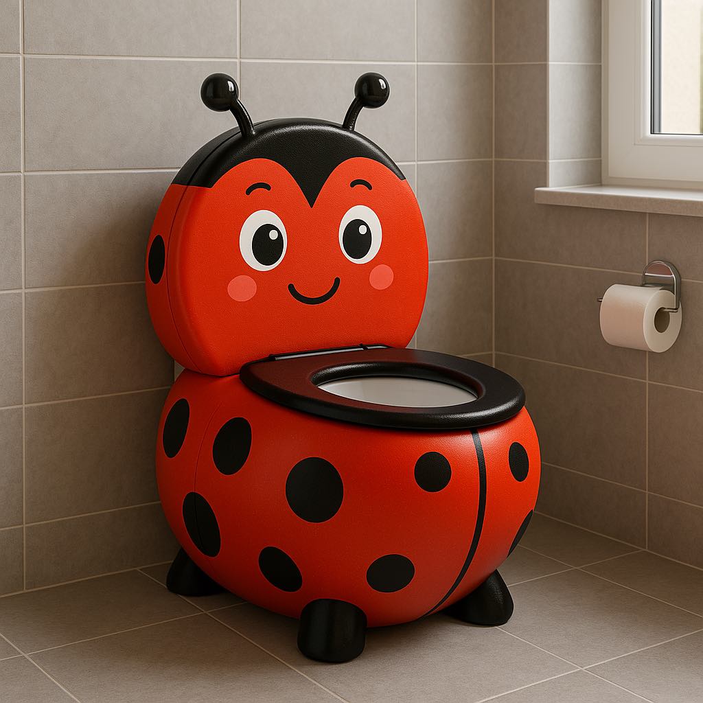 Cute red and black ladybird-themed children's toilet with happy face and dot details in a tiled room.