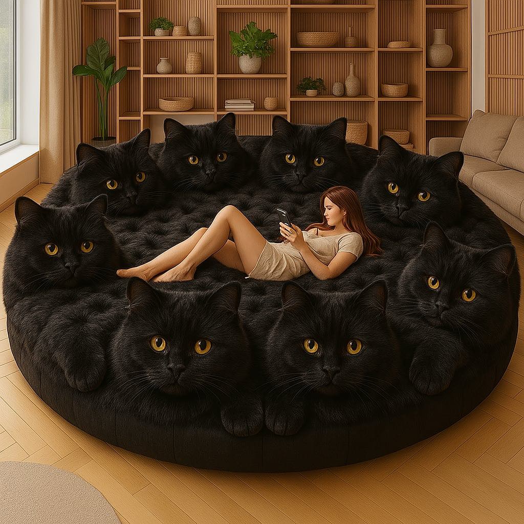 Cosy black cat-shaped sofa with amber-eyed cat faces and a woman using her phone on it.
