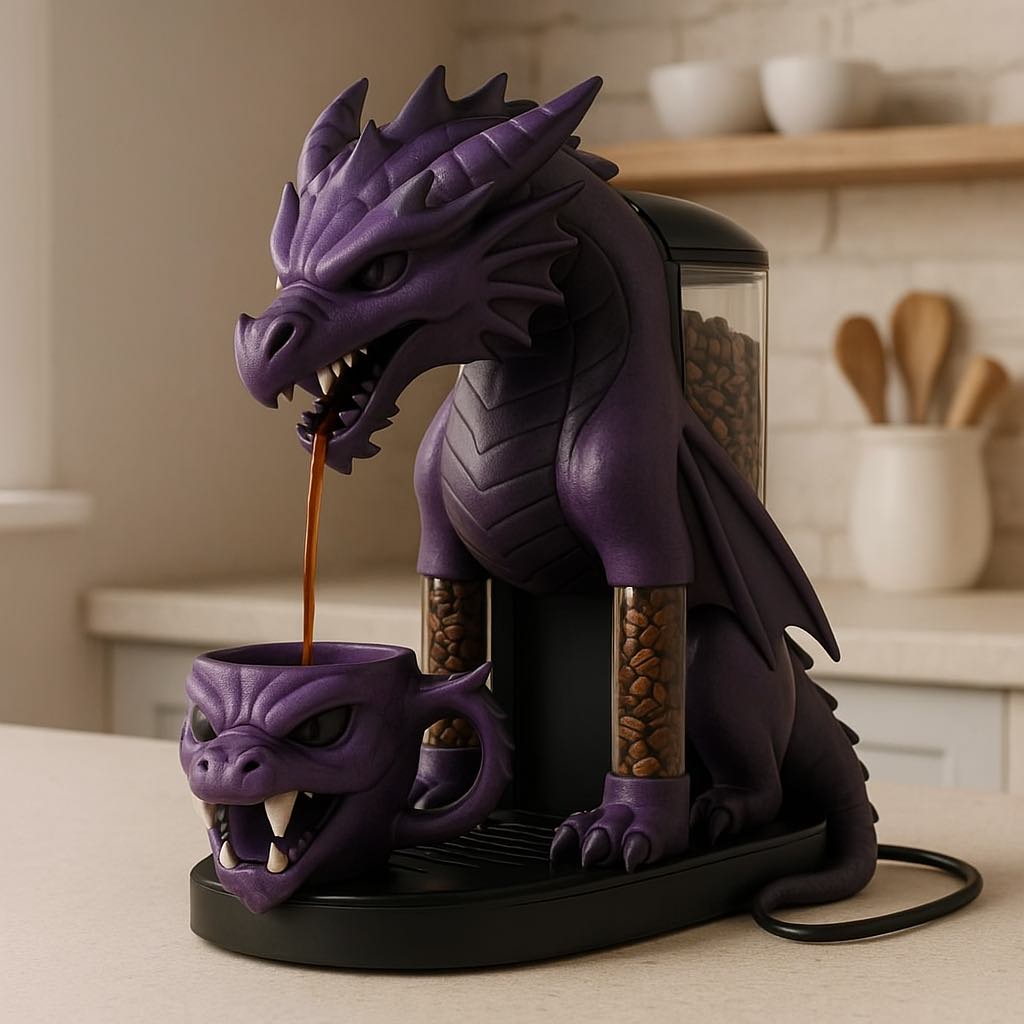 A dark purple dragon-shaped coffee machine pouring coffee into a fierce purple mug in a neutral-toned modern kitchen.