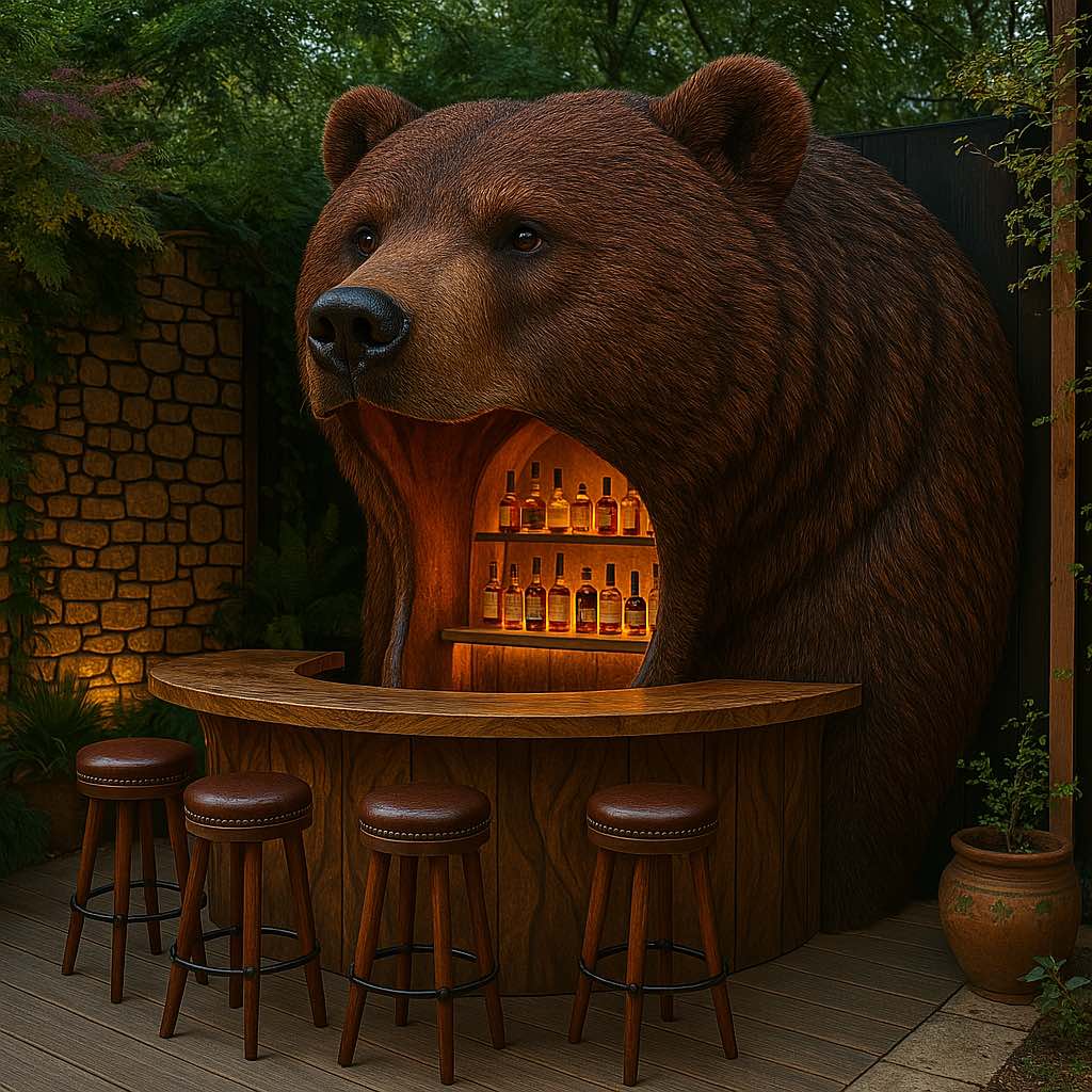 Outdoor bar carved as a brown bear’s head with shelves of liquor and wooden bar stools.