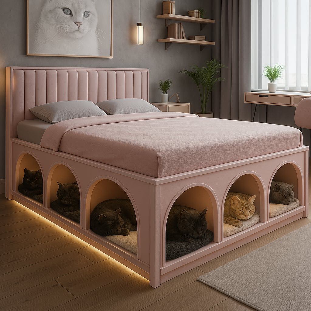 Elegant pink bed with multiple cosy cat compartments underneath, perfect for stylish pet owners.