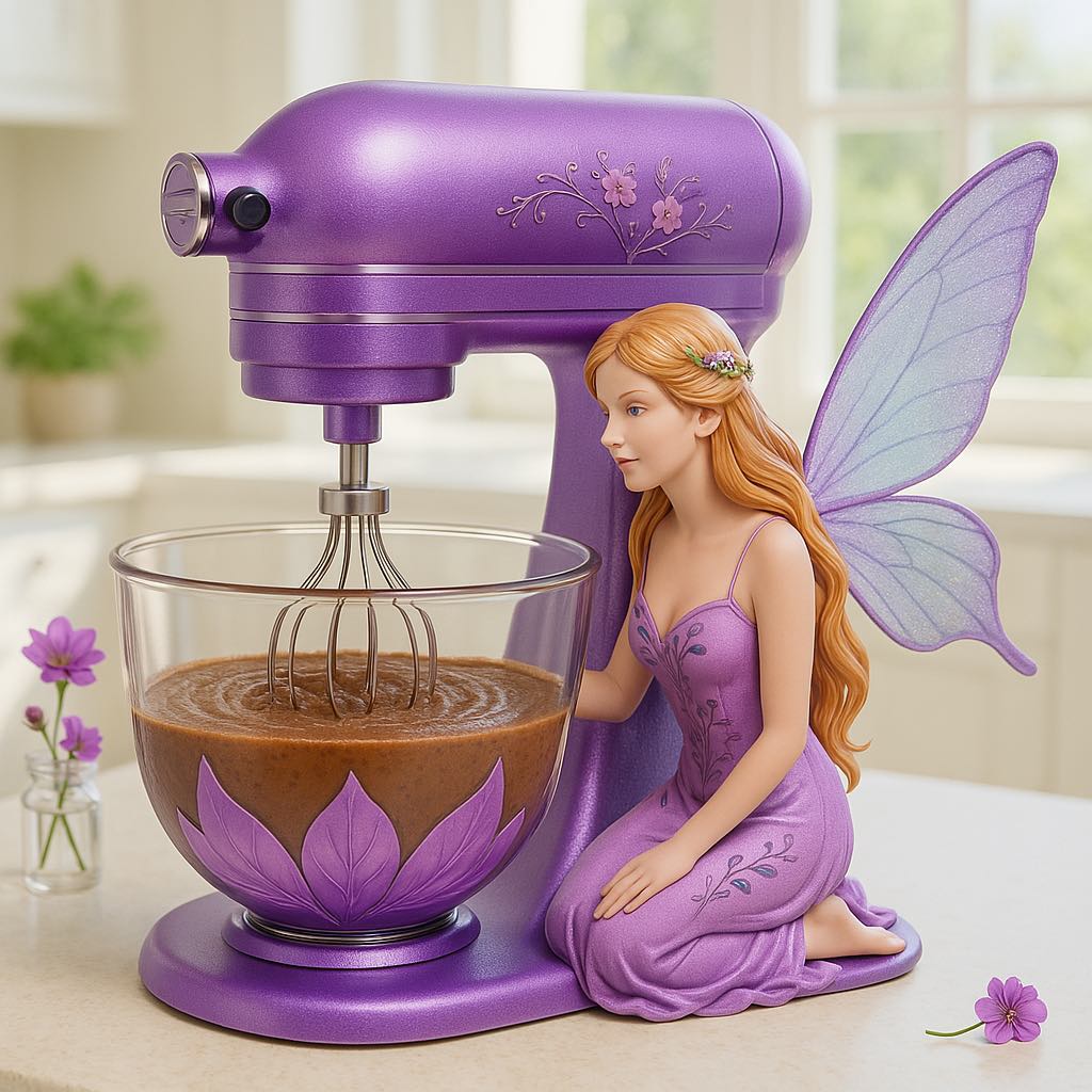 Lavender-themed stand mixer with a purple fairy figure kneeling beside a chocolate batter-filled glass bowl
