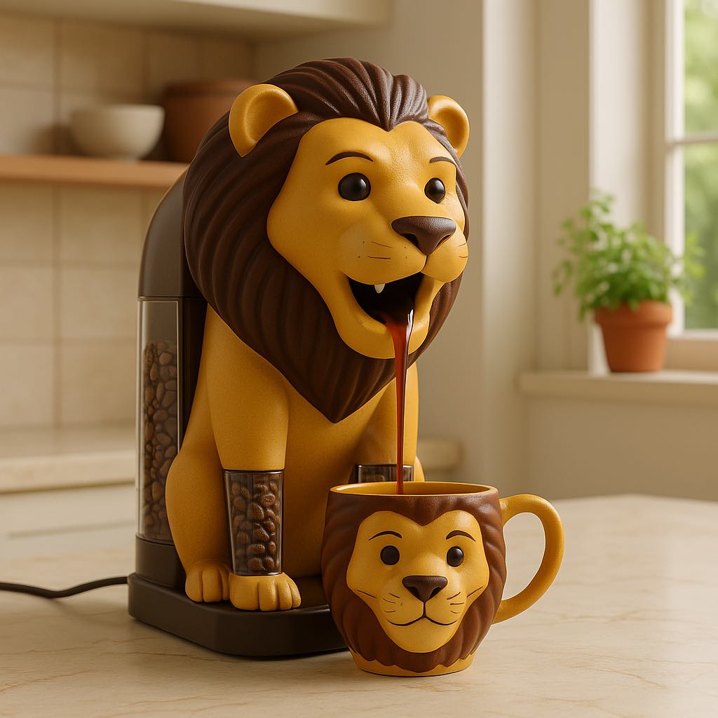 Lion-themed coffee machine pouring coffee into a matching lion mug with a cheerful face