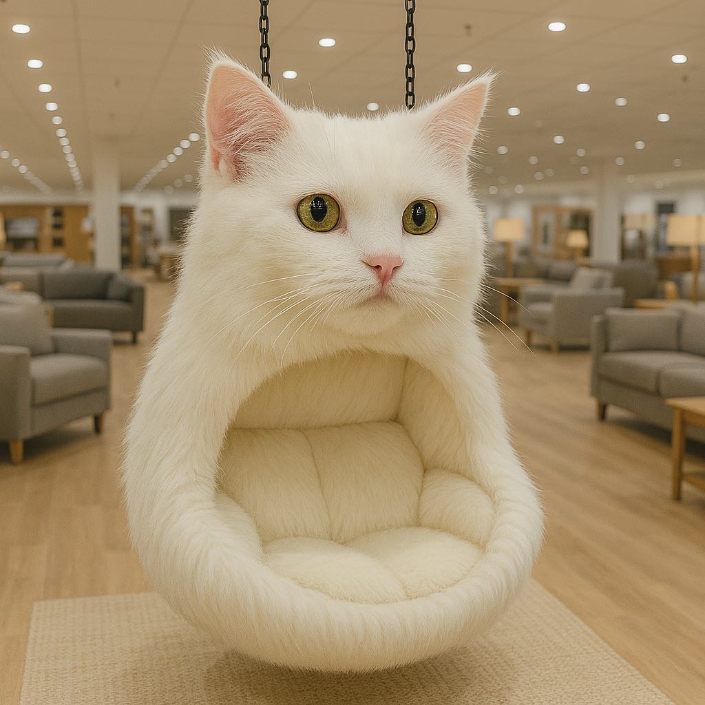 Cosy white cat-themed hanging chair in a modern showroom with soft lighting