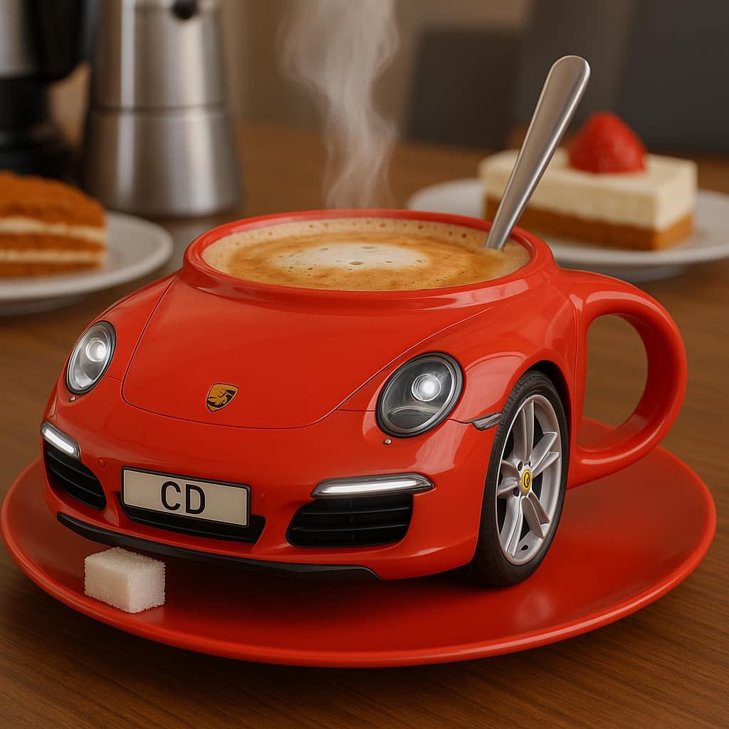 A red Porsche-style coffee mug with a spoon and latte, sitting on a matching red plate.