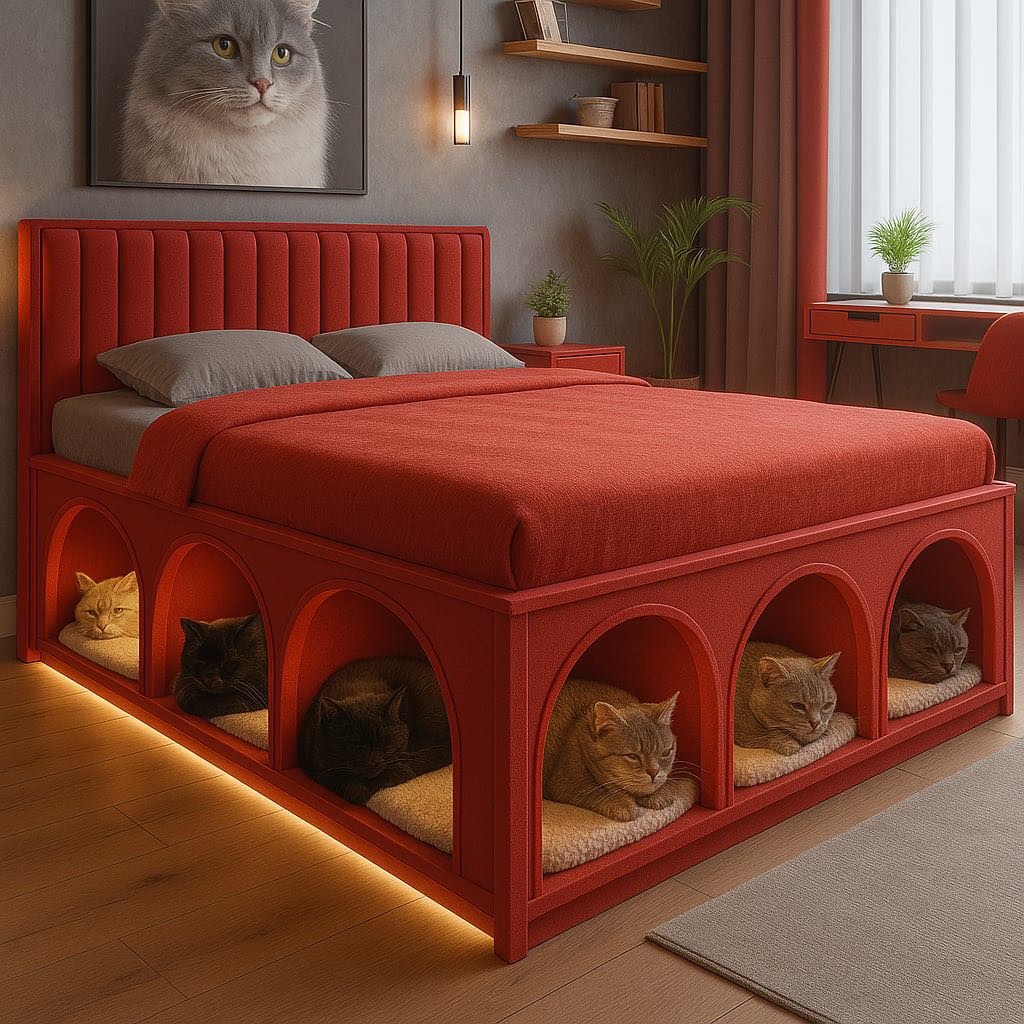 Stylish red bed with arched cat sleeping pods built into the base, each occupied by a content feline.