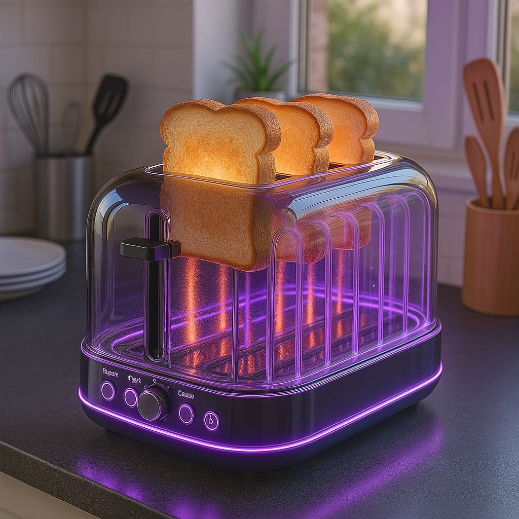 Purple futuristic toaster with toast and ambient lighting, sitting on a dark countertop.