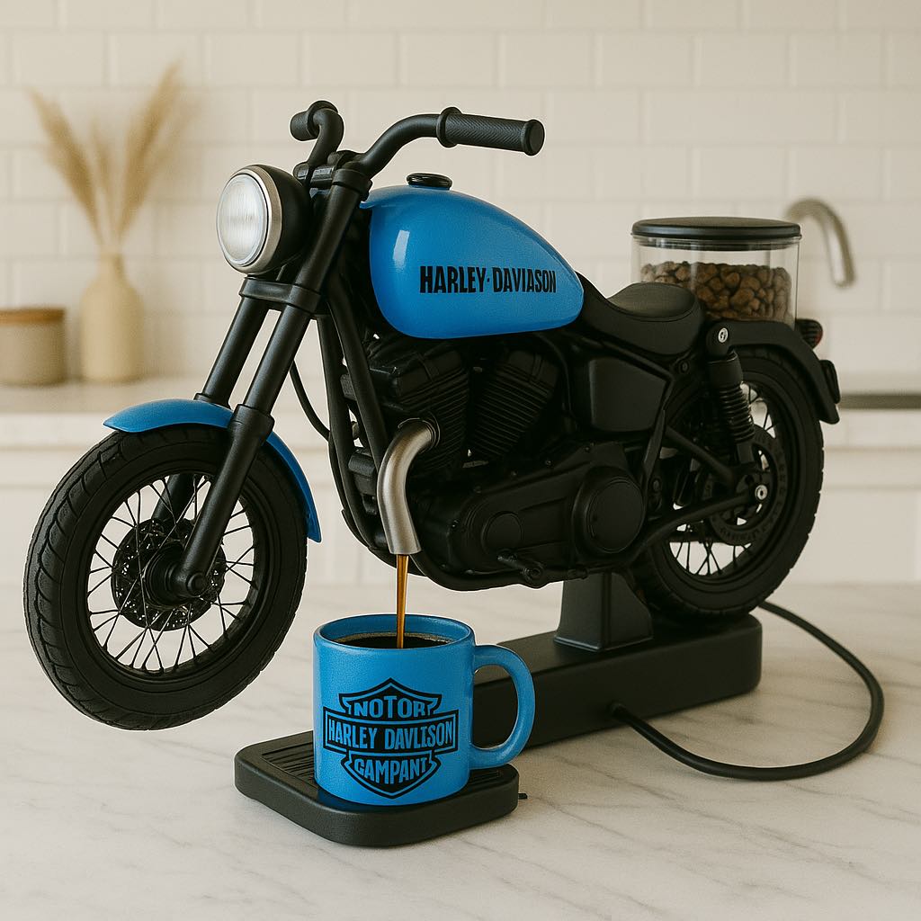 Blue Harley-Davidson-inspired coffee machine styled as a motorbike, brewing coffee into a blue mug.