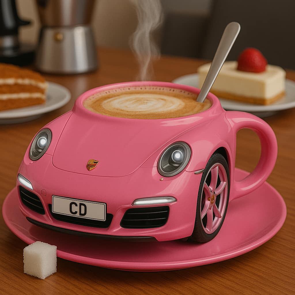 A pink car-shaped coffee cup filled with latte, placed on a wooden table with cake in the background.