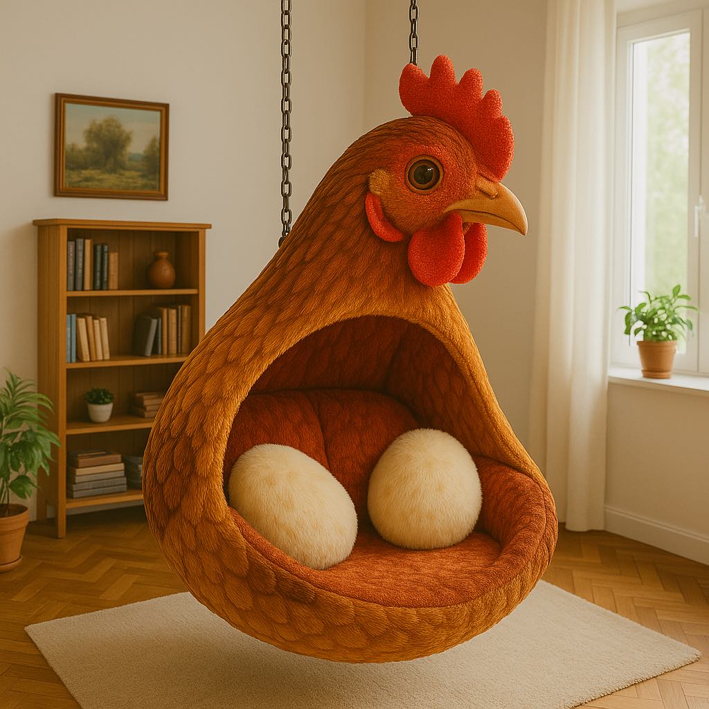 Earth-toned chicken-shaped hanging chair featuring textured feathers and cream egg cushions