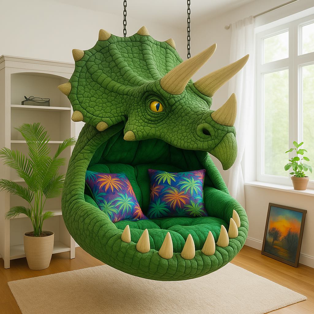 Green Triceratops-inspired hanging chair featuring three horns and a wide, comfy seat.