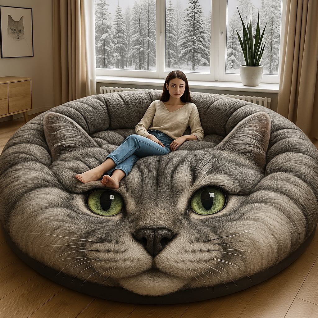 Woman sitting on a grey tabby cat-shaped sofa with green eyes and soft fur textures
