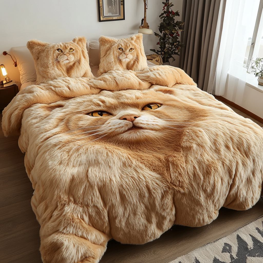 Golden faux fur duvet cover with a regal Persian cat print and matching cat-themed pillows.