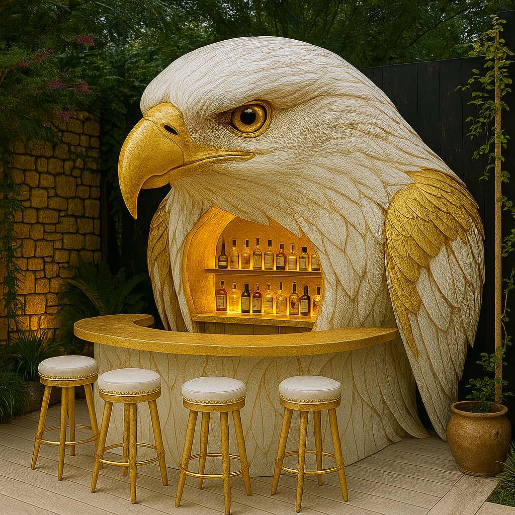  Majestic eagle-shaped outdoor bar with white feathers and gold accents, stocked with spirits and cream bar stools.