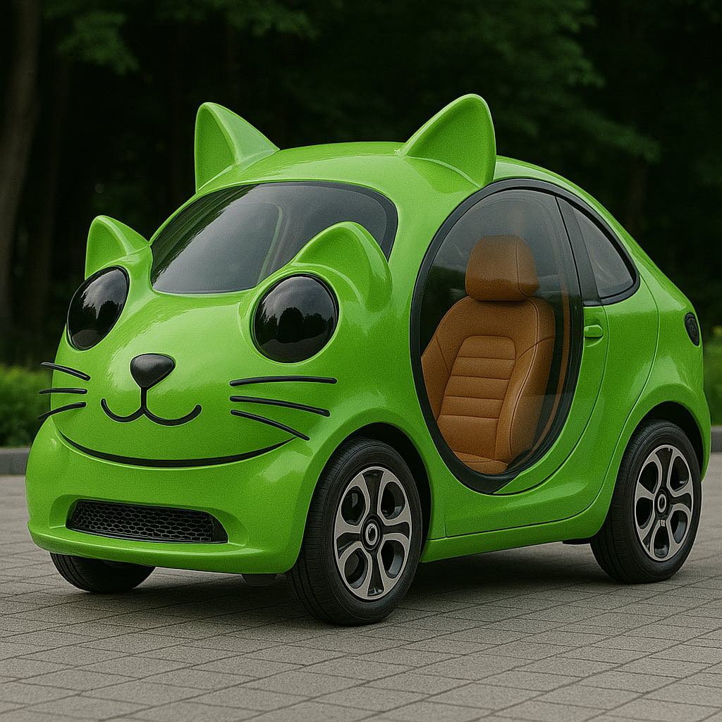 A bold green compact car designed to resemble a smiling cartoon cat with large eyes and ears
