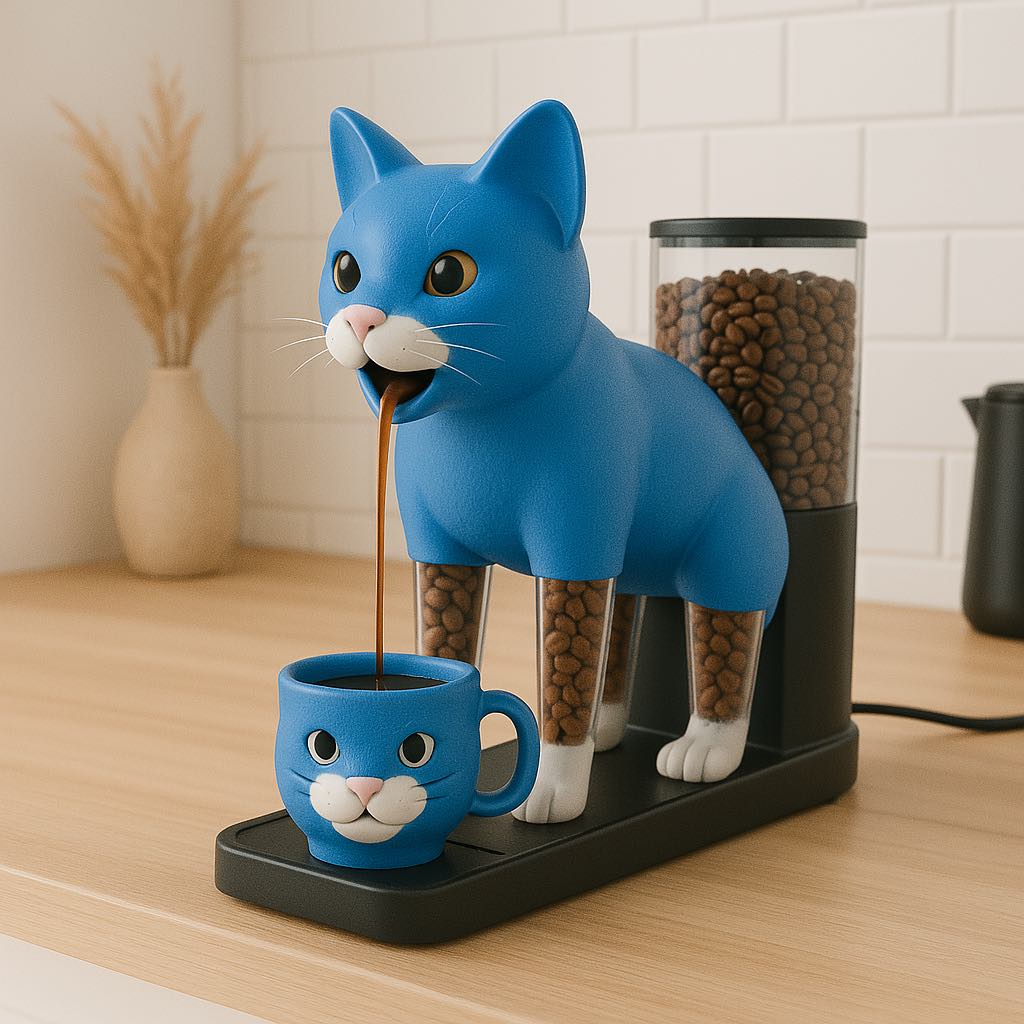 A vibrant blue cat-shaped coffee machine dispensing coffee into a matching blue cat-face mug on a wooden countertop.