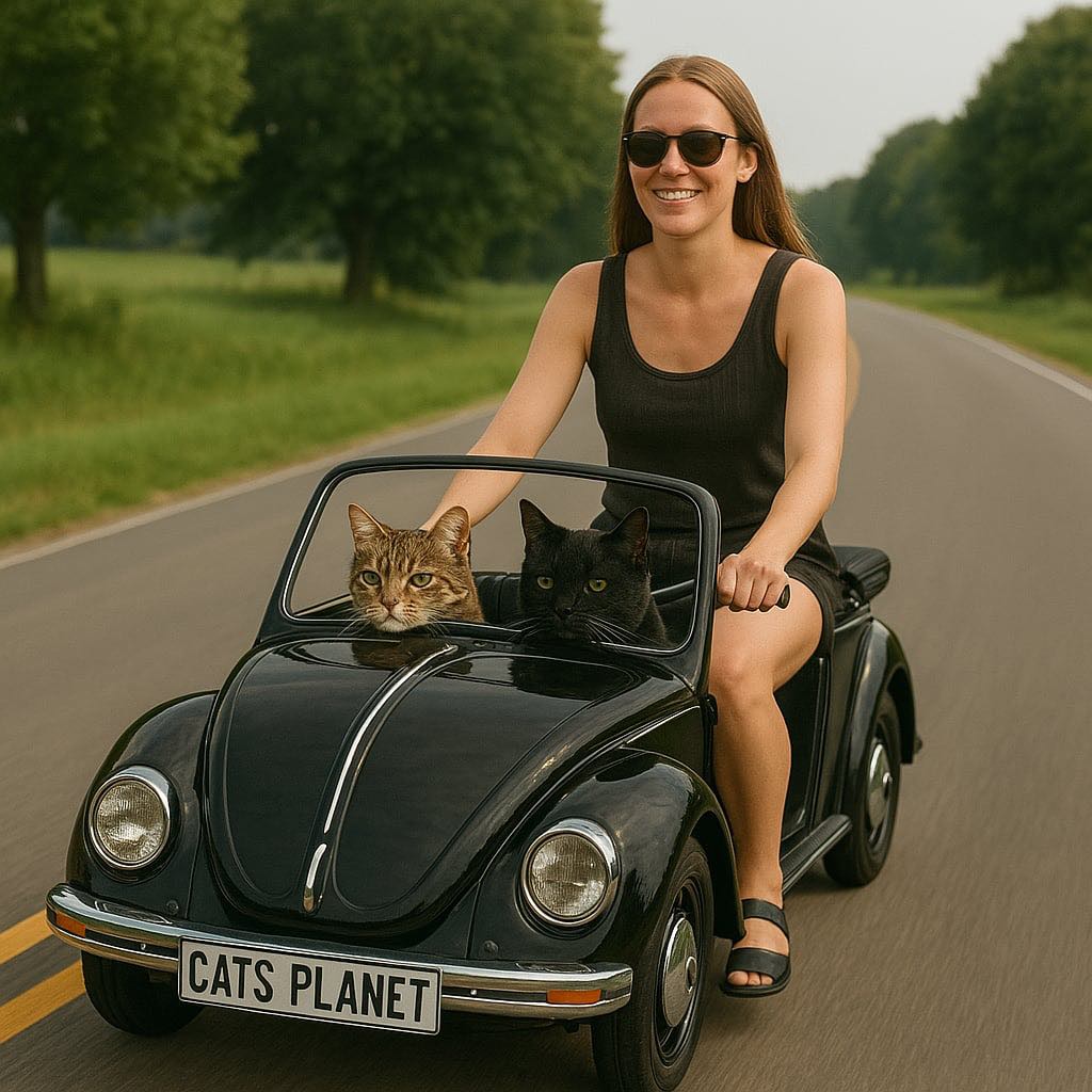 Woman rides a black retro-styled bike with two cats sitting up front along a country road