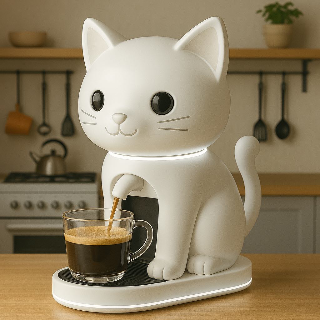 Sleek white cat-shaped espresso machine with soft LED glow making coffee in a modern kitchen
