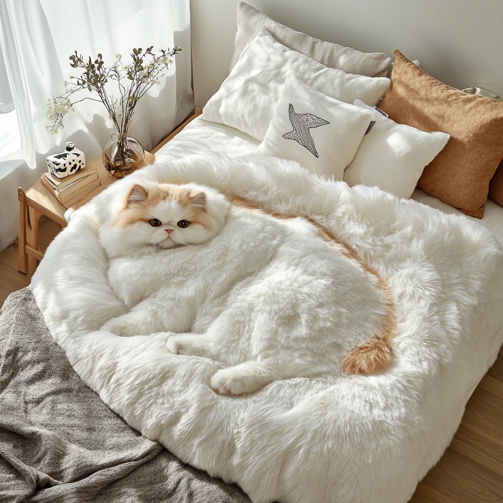 White faux fur bedspread with a realistic curled-up white and ginger cat design on a cosy bed.