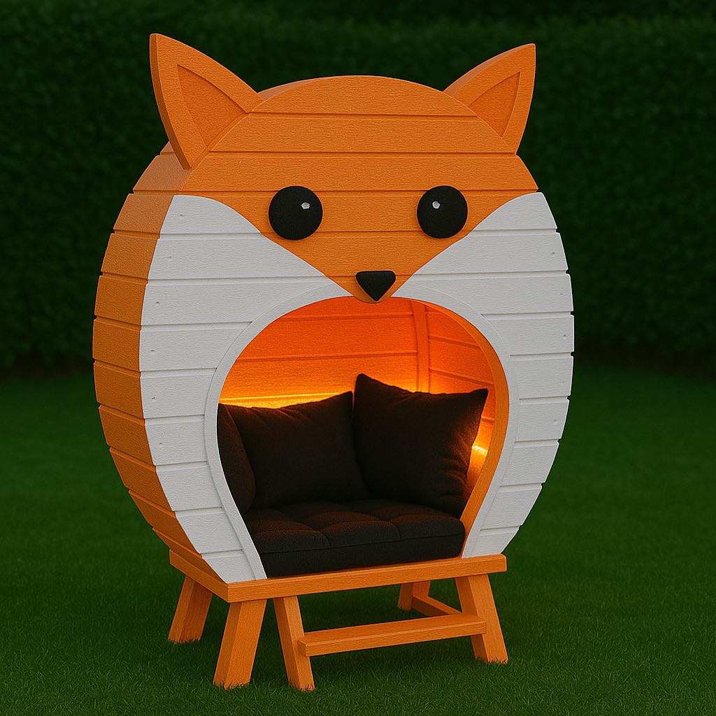 Fox-themed orange garden lounger with glowing orange lights and cosy black cushions on a lawn