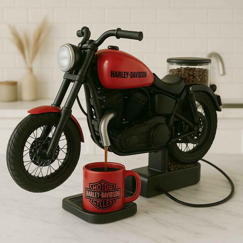 Red Harley-Davidson-themed motorbike coffee machine with matching red mug pouring coffee.