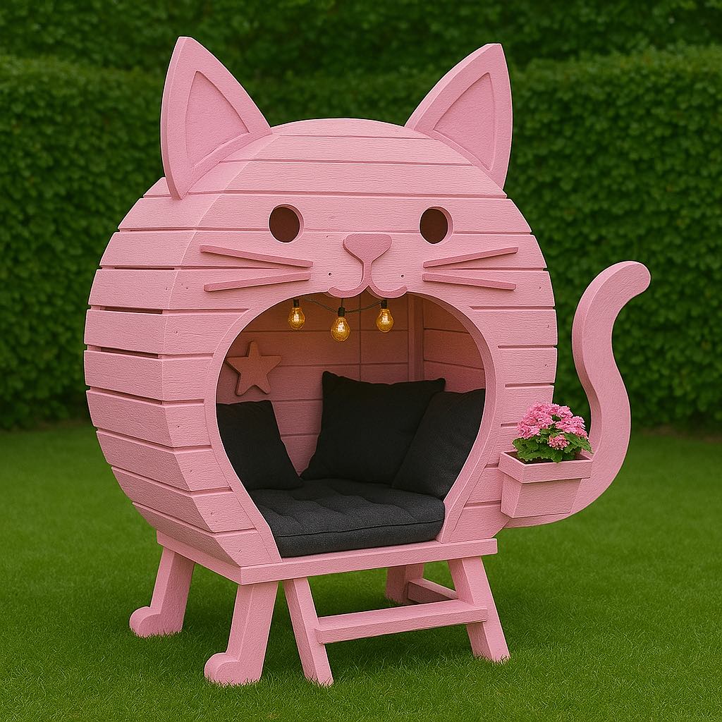 Pastel pink cat-themed garden pod with interior cushions, soft lighting, and a decorative flower box.
