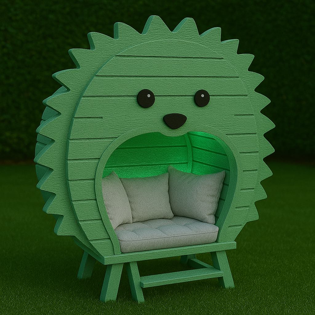 Whimsical green hedgehog garden lounger featuring soft cushions and ambient green lighting on grass