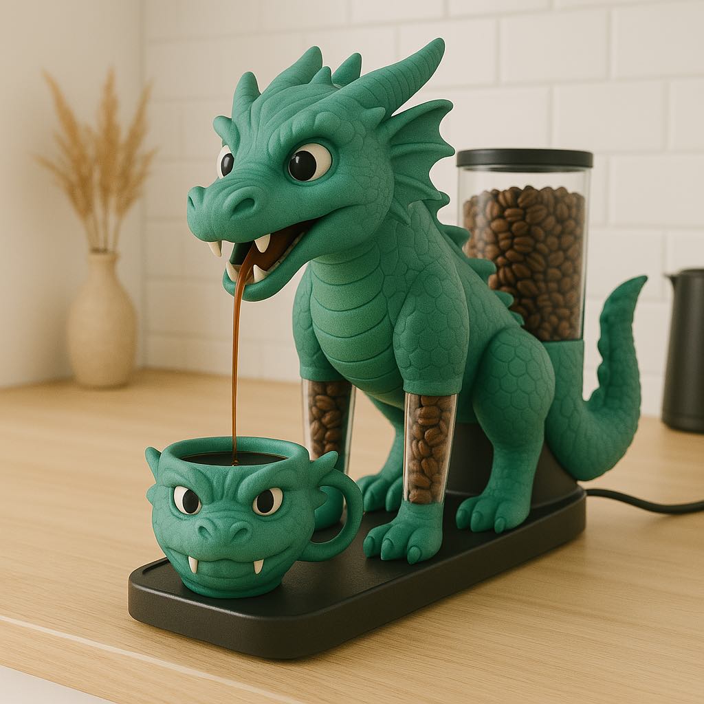 A cheerful green dragon coffee machine dispensing coffee into a matching green mug, set against a light wooden countertop.