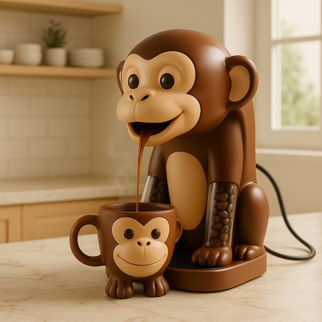 Smiling monkey-shaped coffee machine dispensing hot coffee into a matching cheeky monkey mug