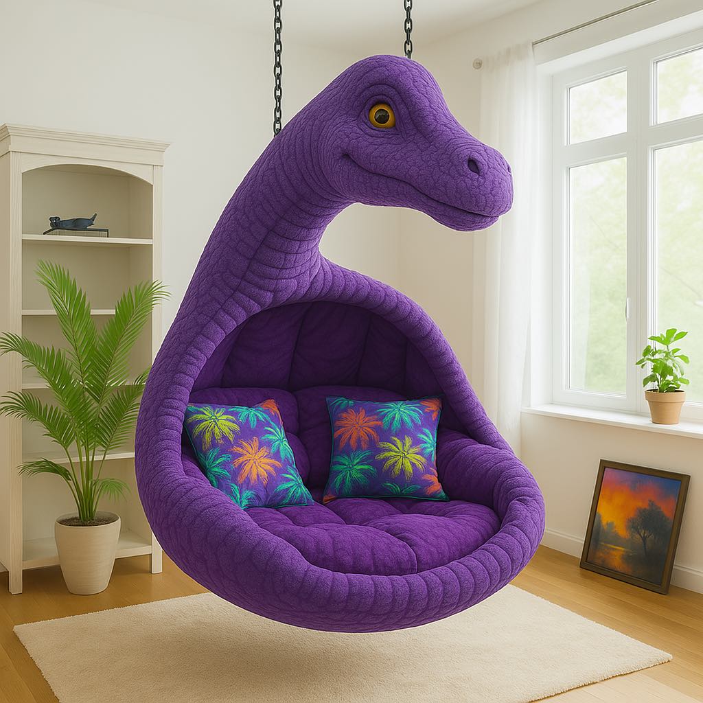 Soft purple Brontosaurus-shaped hanging chair with a long neck and tropical palm cushions.