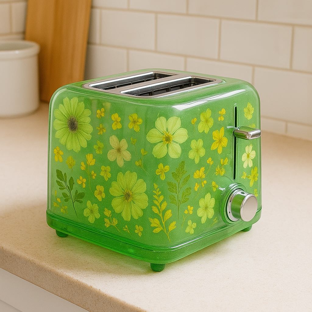 Bright green transparent toaster with yellow and green pressed flowers on a modern kitchen surface