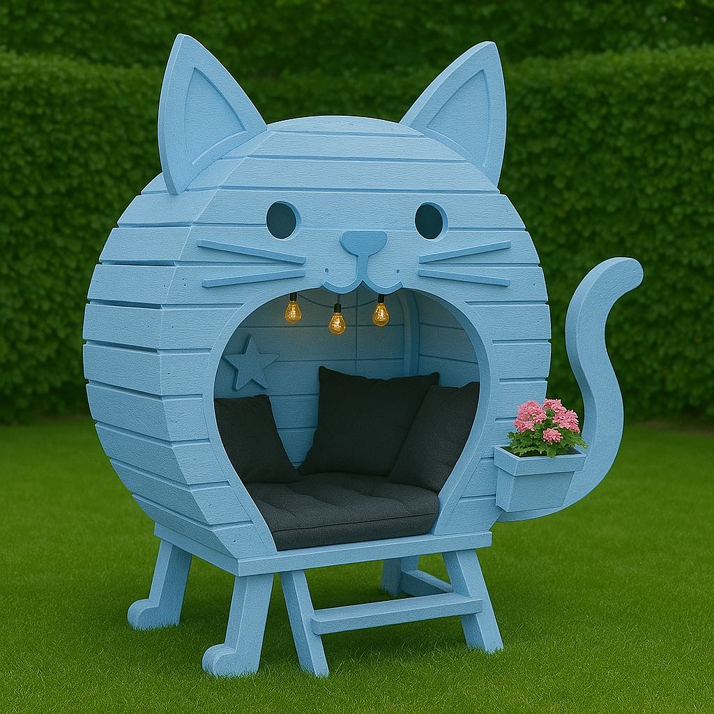 Powder blue cat-shaped garden pod with grey cushions, string lights, and a tail planter with pink flowers.