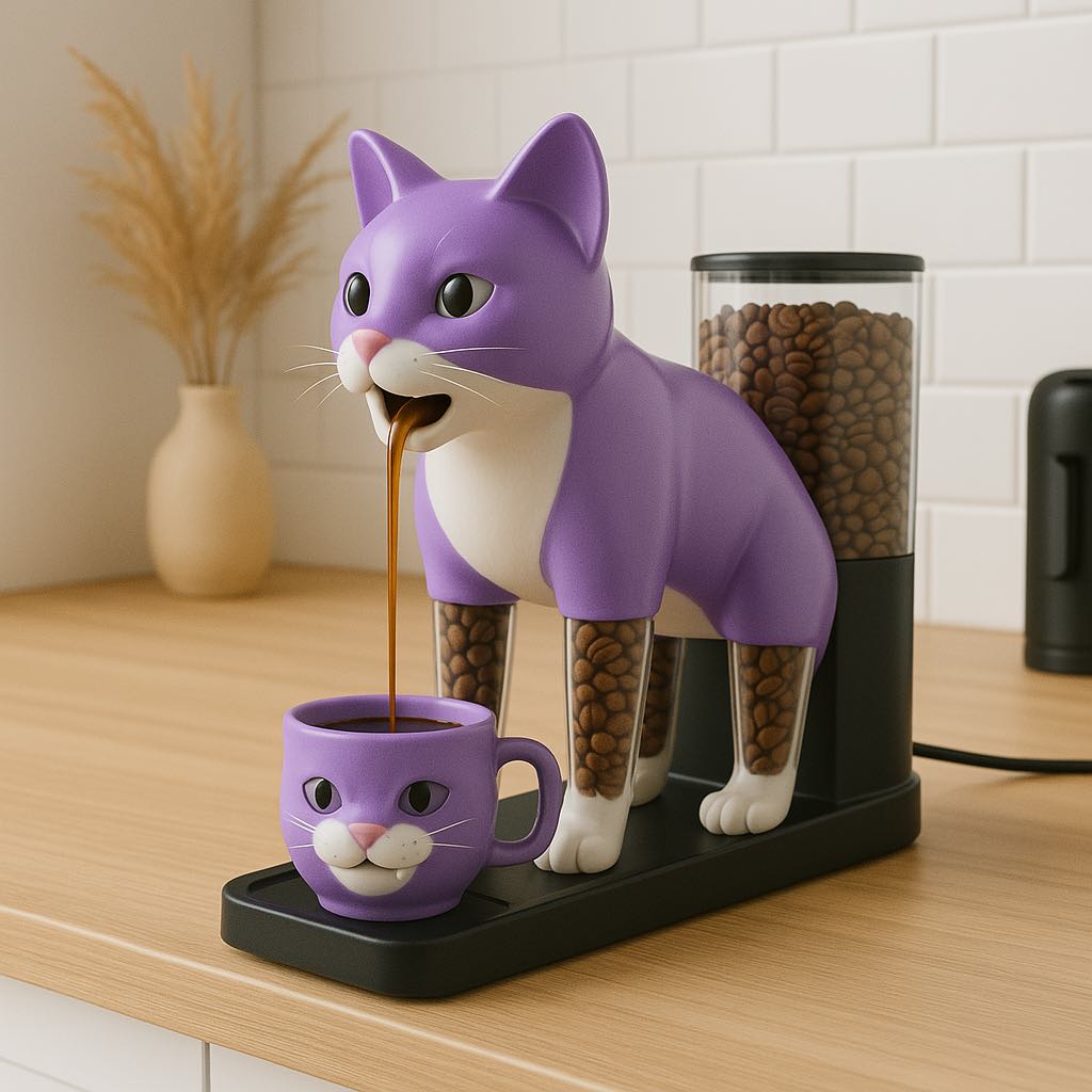 A purple cat-themed coffee machine paired with a matching mug, dispensing fresh coffee into the smiling cup.
