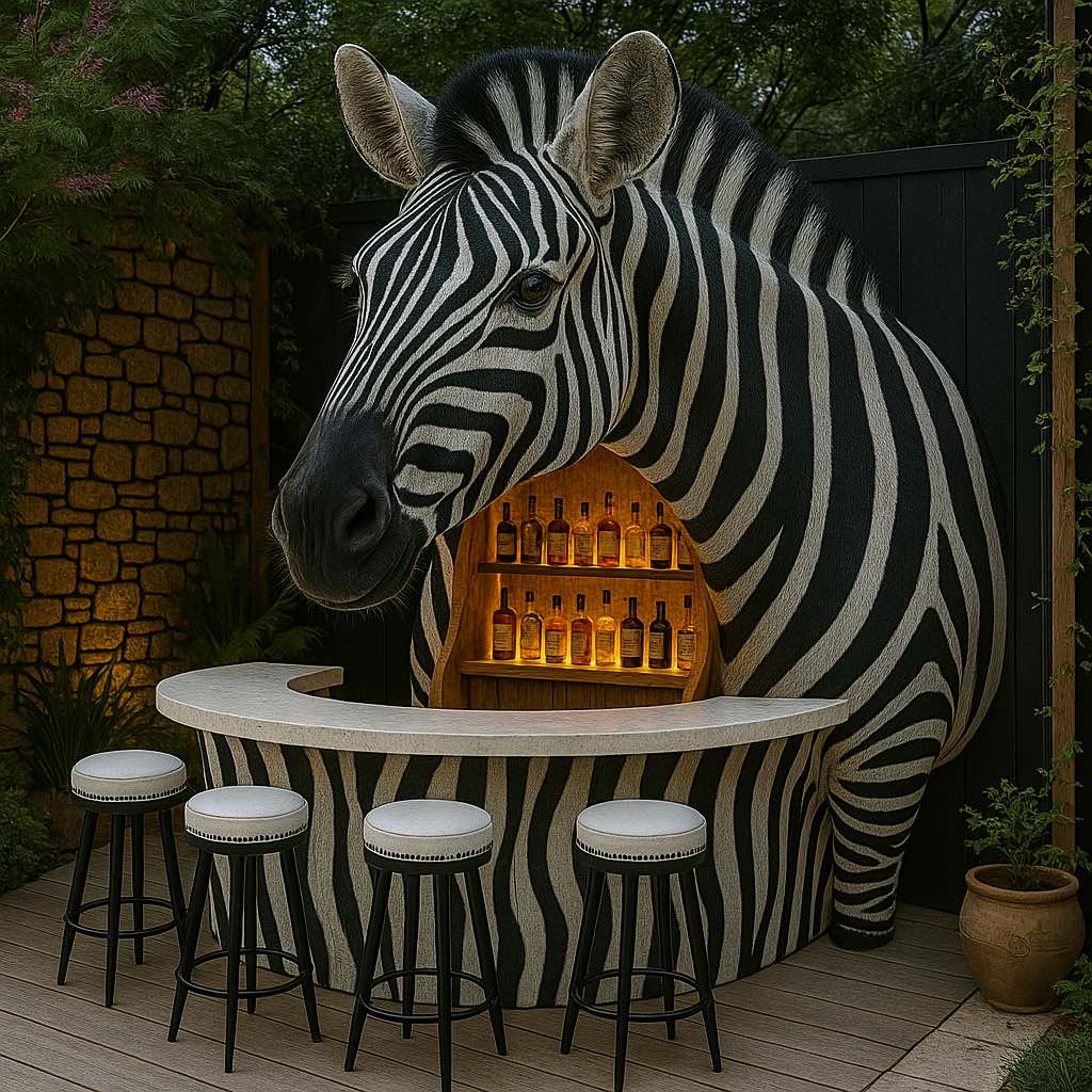 Zebra-striped garden bar featuring a black and white pattern with matching stools and warm backlighting.