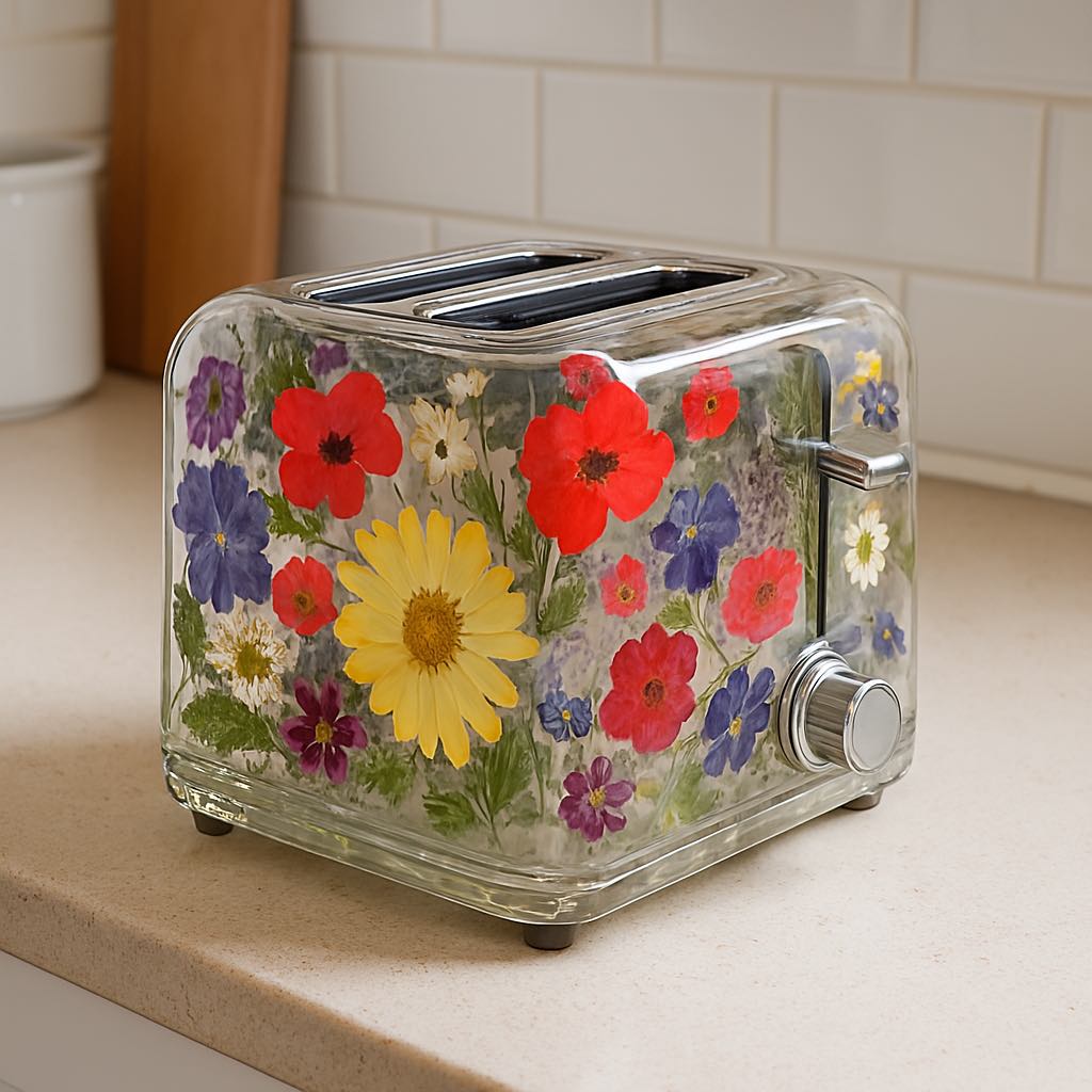 Transparent toaster featuring colourful wildflowers in red, yellow, purple, and white on a kitchen counter