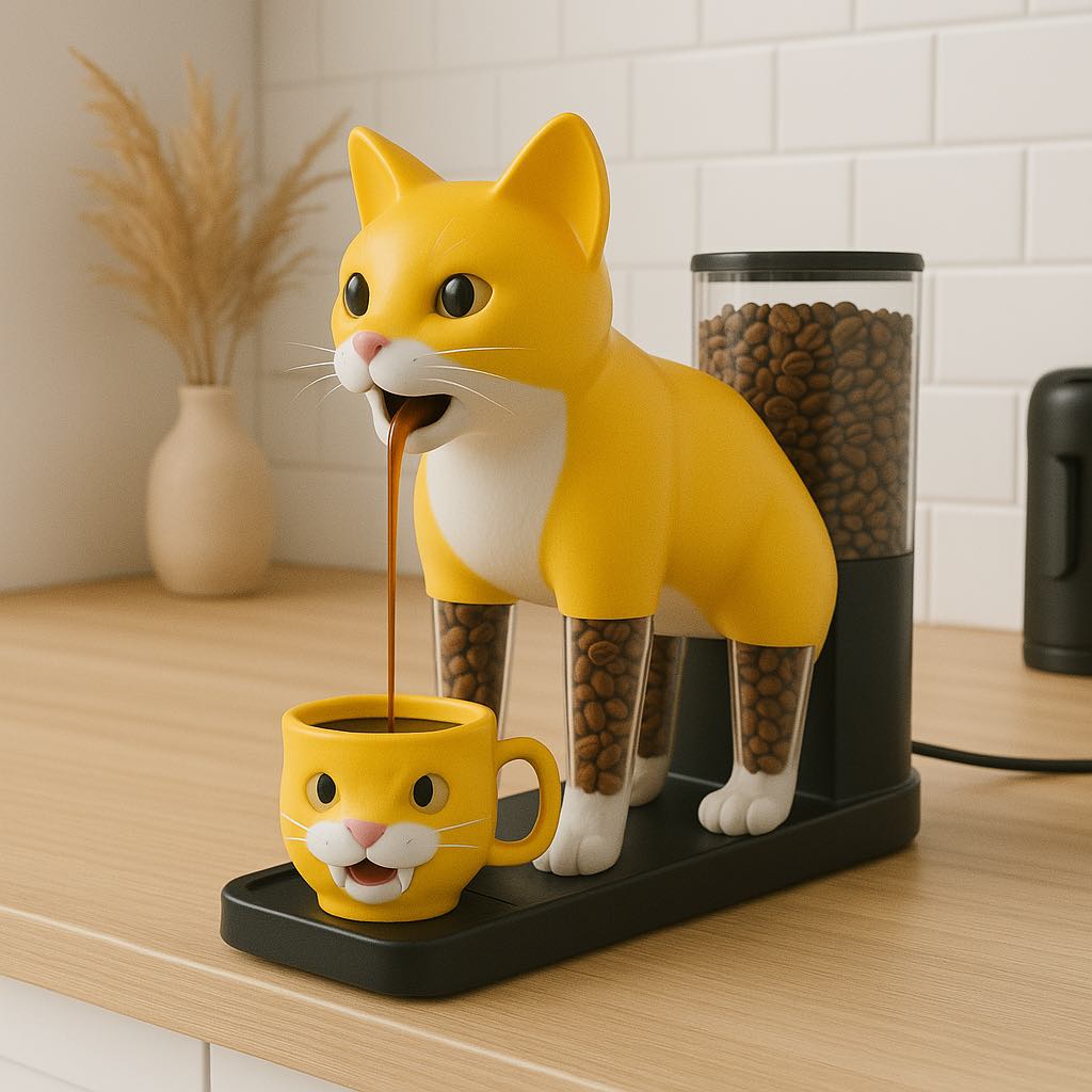 A bright yellow cat-shaped coffee machine pouring coffee into a happy yellow mug designed with a cartoon cat face.