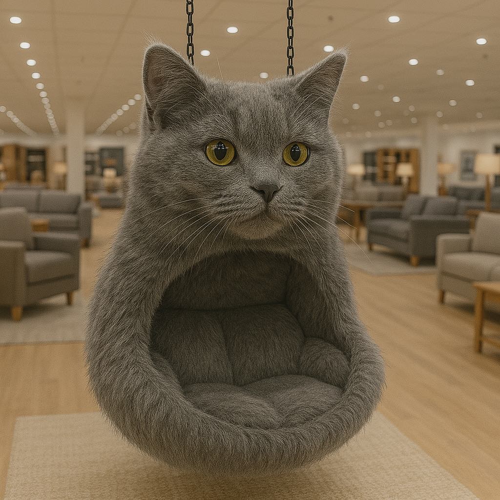 Grey cat-shaped hanging pod chair with yellow eyes in a stylish furniture showroom