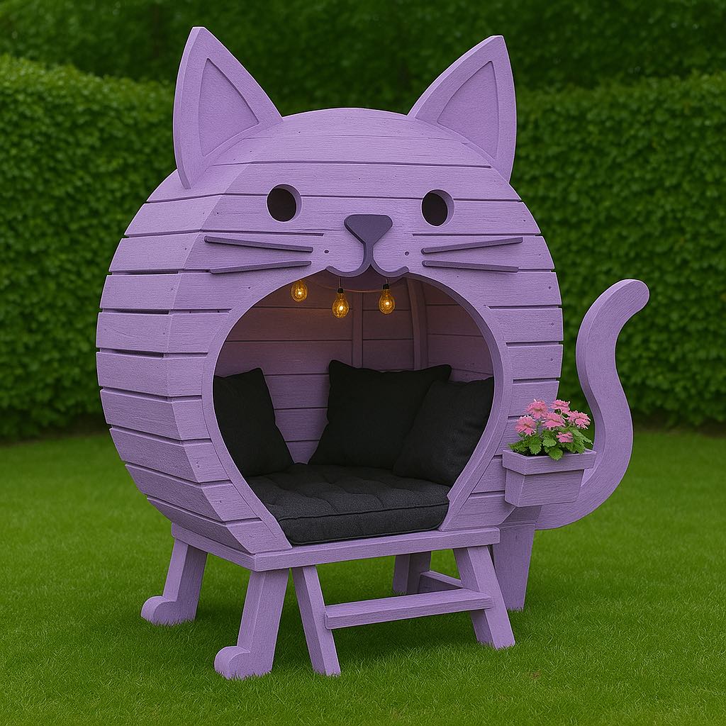 Lavender-coloured cat-shaped garden pod with black cushions, hanging lights, and a pink flower planter.