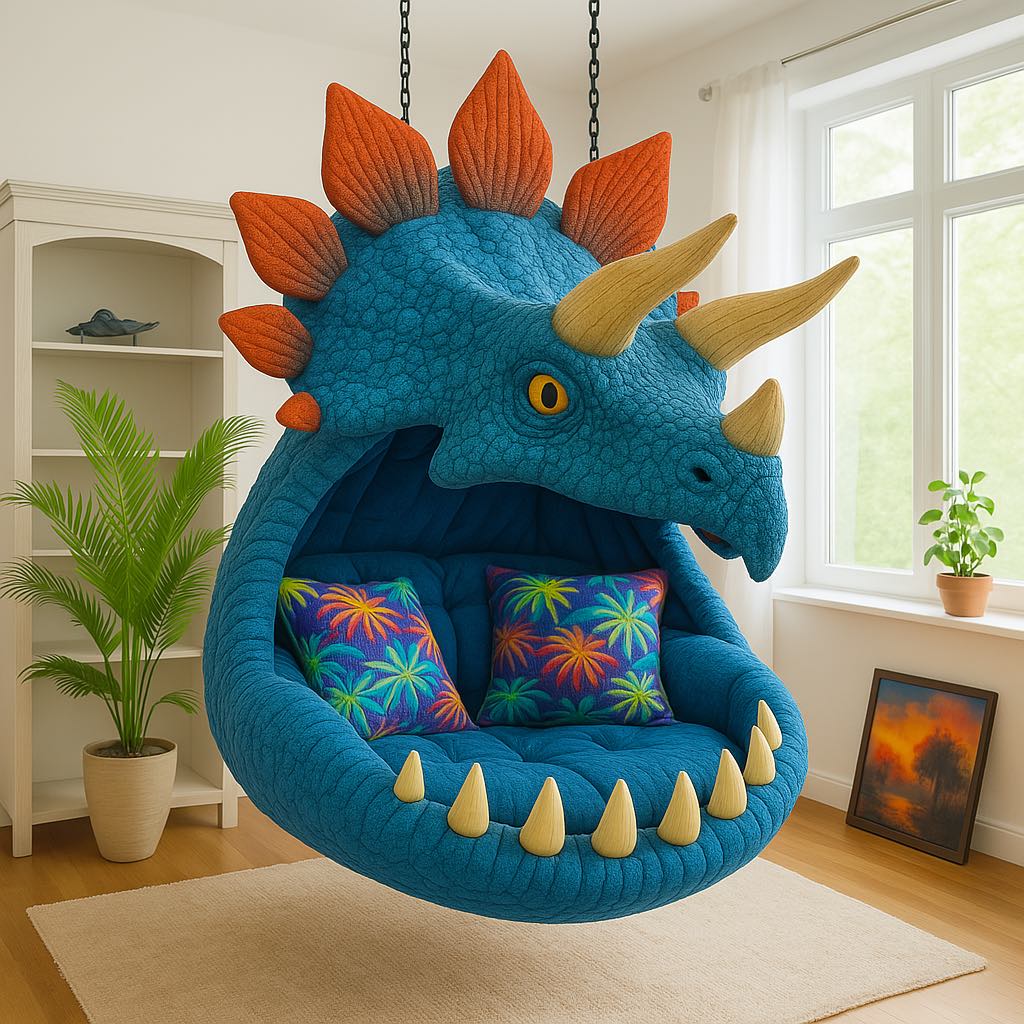 Plush blue hanging chair shaped like a Stegosaurus with orange spikes and multicoloured cushions.
